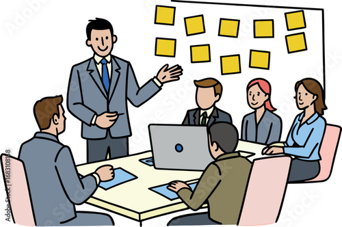 Business meeting presentation presenter leads team discussion with sticky notes illustration
