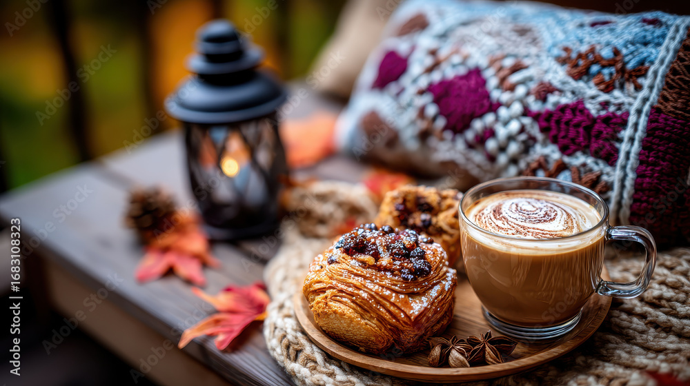 Fototapeta premium Autumn picnic composition with bakery pastries and warm drink on wooden table surrounded by cozy knitted fabric and soft lighting