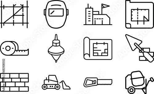 Construction tools and equipment line art icons on white background building industry