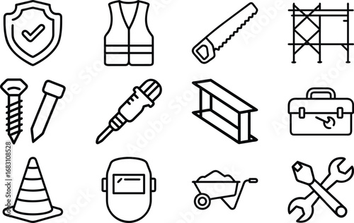 Collection of construction and safety equipment icons on white background tools