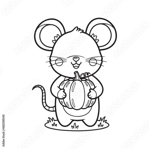 Outlined cartoon mouse is happily holding a pumpkin in its arms with transparent background