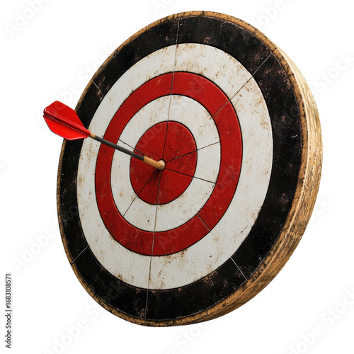 Arrow hits the bullseye on a vintage target with red and white concentric circles symbolizing success and precision in achieving goals and objectives on transparent background