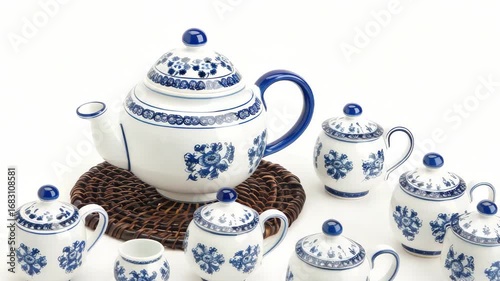 A beautiful porcelain tea set featuring a teapot and matching cups, all adorned with delicate floral designs on a woven mat