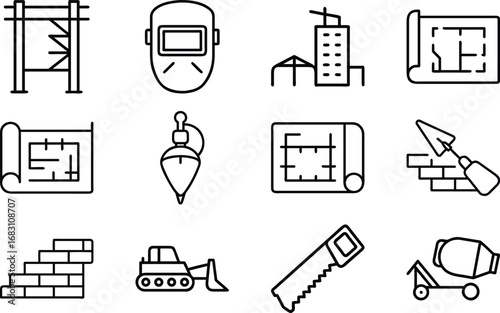 Construction icons building tools welding mask bulldozer blueprint trowel saw cement mixer