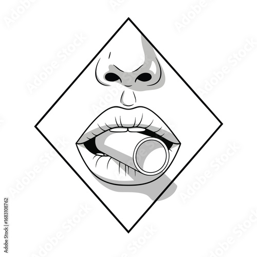 A bold black and white line art illustration of a mouth holding a cigarette filter inside a diamond frame.