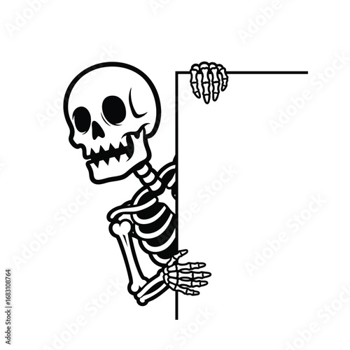 A cartoon skeleton peeking out from behind a blank white sign or wall.