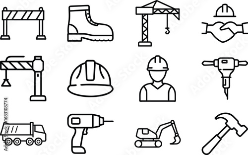 Construction equipment and safety gear icons including crane jackhammer drill truck