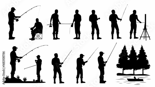 Fishermen silhouettes bundle for outdoor adventures, fishing, and nature-themed designs. Vector set for creative projects