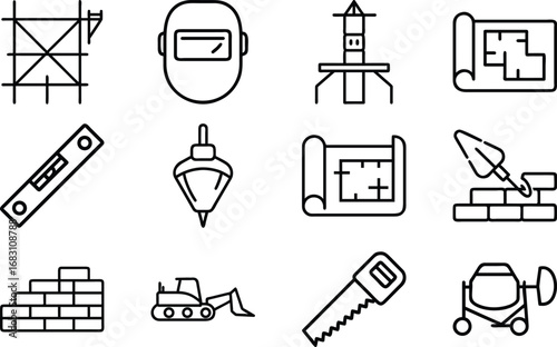 Construction tools and equipment icons including blueprints and scaffolding vector