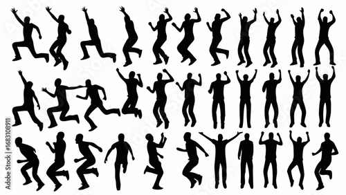Dynamic silhouettes of people jumping and celebrating, perfect for energetic concepts and success visuals