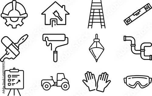 Construction and renovation tools and safety equipment icons vector 10
