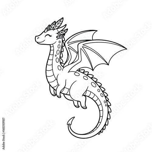 A cute and friendly cartoon baby dragon with wings flying happily black and white line art illustration.