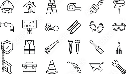 Construction and Repair Tools Icons Set with Safety Gear and Building Elements equipment