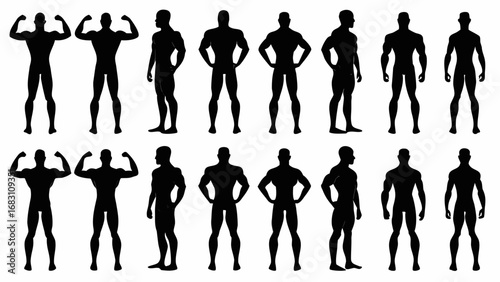 Muscular male figure silhouettes showcasing fitness and strength in dynamic poses