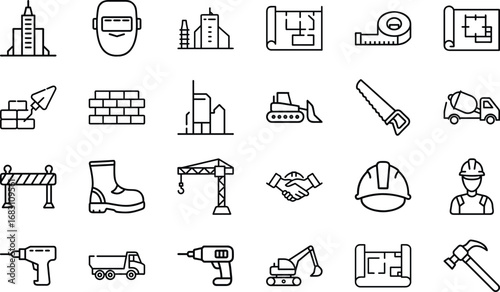 Construction industry icons including buildings tools and workers architecture blueprint