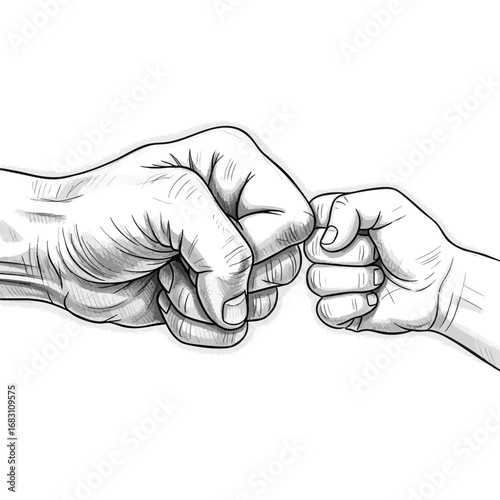 A detailed black and white sketch of a large adult hand and a small childs hand fist bumping.