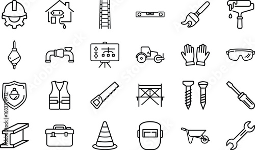 Construction tools and safety equipment icons set outline hardhat