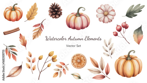 Watercolor autumn vector set with pumpkins, leaves, berries, pinecone and floral elements. Perfect for patterns, invitations, cards, crafts, packaging, branding and seasonal design.