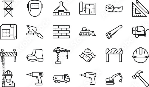 Construction industry icons including tools equipment and safety gear vector 3