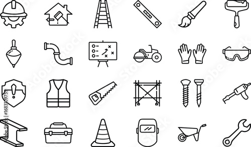 Construction tools safety equipment and building icons line art vector