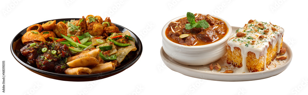 Fototapeta premium A diverse assortment of dishes featuring appetizers and a rich meat stew with cake on white background