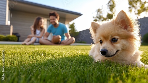 A joyful family of four playing with their adorable Pomeranian puppy in the sunny backyard, creating lasting memories together.