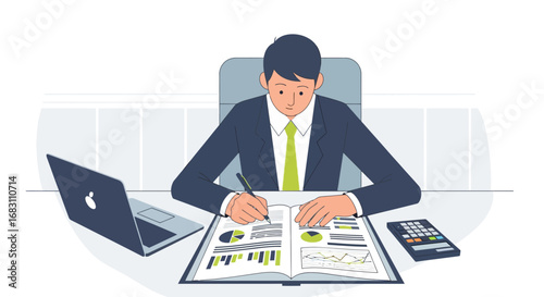 Focused businessman analyzing financial reports and data on his desk with a laptop and calculator