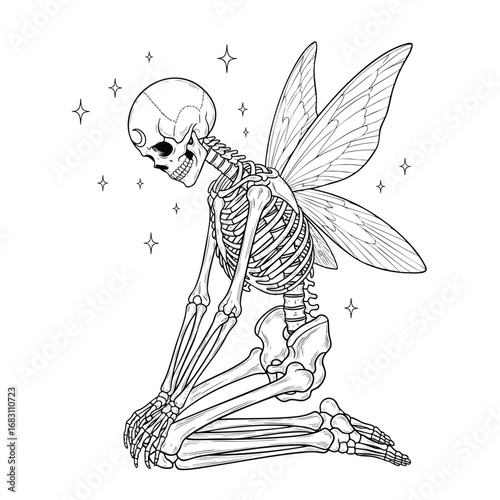 A kneeling skeleton with delicate fairy wings and a crescent moon symbol on its forehead.