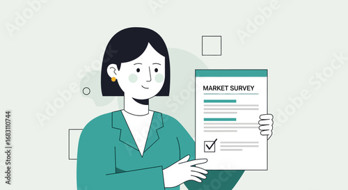 Woman holding market research survey, highlighting business analysis and customer feedback data collection