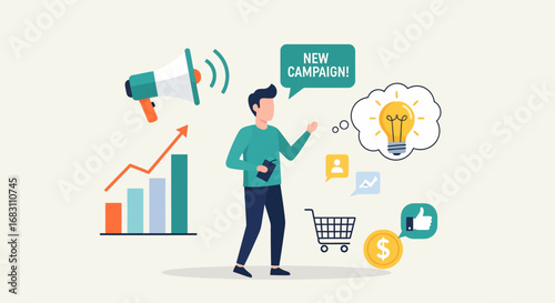 Digital Marketing Strategy and Campaign Launch with Business Growth Icons
