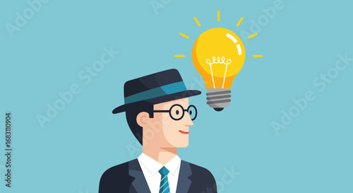 Man With a Hat and Glasses Thinking, Representing a Bright Idea, Innovation, and Solutions