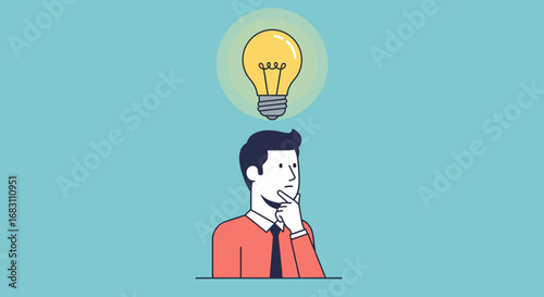 A man with an idea symbolized by a lit light bulb above his head, representing inspiration and innovation