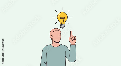 A man with an idea symbolized by a lit light bulb above his head, representing inspiration and innovation