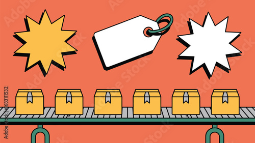 Illustration of boxes on a conveyor belt with a price tag and starbursts on an orange background