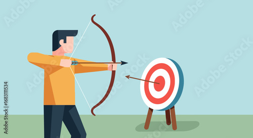 Flat design illustration of a man with a bow hitting the bullseye, a metaphor for focus, precision, and business success