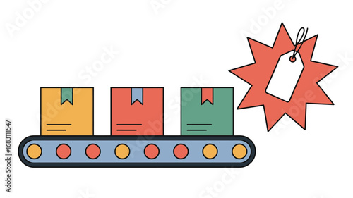 Boxes on a conveyor belt with a price tag in an illustration style on a white background scene view