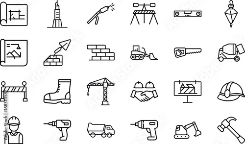 Construction industry icons including blueprints tools and equipment plan building