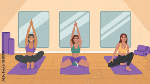 Three women practicing yoga poses on purple mats in a studio with mirrors and yoga equipment visible