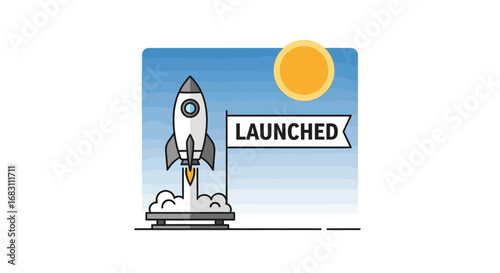 Illustration of a rocket taking off with a launched flag, symbolizing a successful business startup and new project deployment