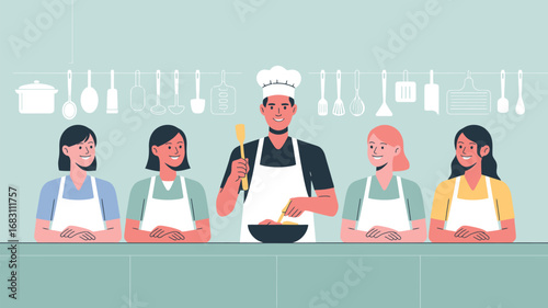 A chef with four women in aprons in a kitchen with hanging utensils and a counter in front of them all