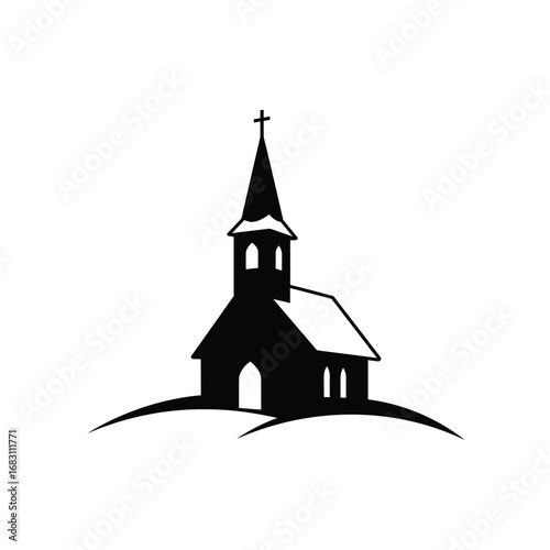 Black church silhouette with snow on roof building