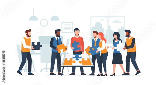 Corporate teamwork concept with a diverse group of colleagues assembling a jigsaw puzzle, representing business solutions and collaboration