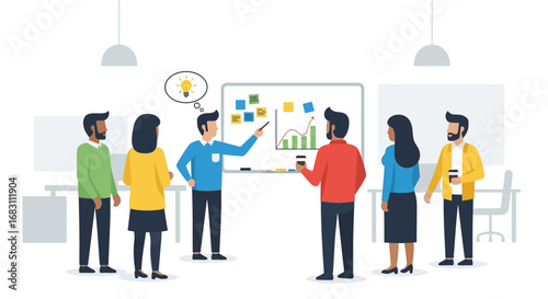 Diverse business team collaborating on a new strategy during a creative workshop presentation in a modern office