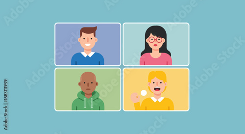 Diverse group of people connecting through an online video conference call, collaborating remotely from different locations in a virtual meeting concept