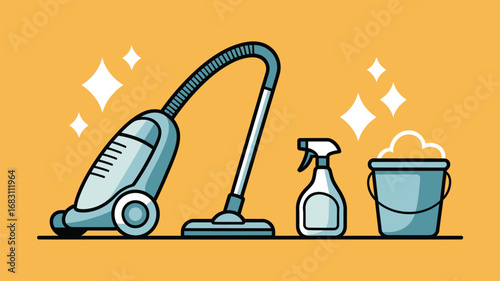 A cartoon illustration of cleaning supplies including a vacuum cleaner spray bottle and bucket of suds