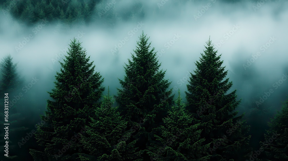 Fototapeta premium A misty landscape featuring a fir forest, captured in vintage retro style, evoking a serene and atmospheric natural beauty.