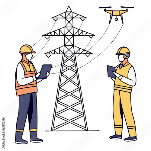 Engineer and technician performing maintenance on high-voltage transmission tower using drone inspection from power plant isometric.