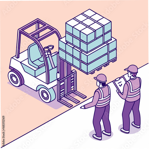 Forklift moving compressed garbage piles in recycling plant waste sorting and management isometric isolated environmental career illustration vector.