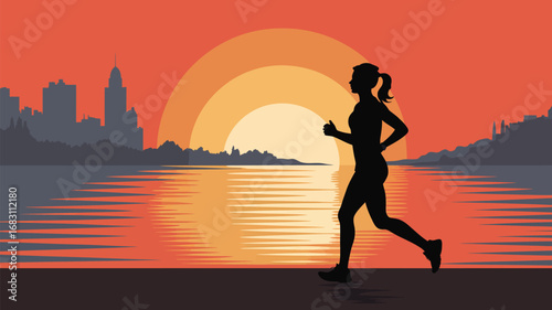 Silhouette of a woman running with a city skyline and sunset reflecting on the water in the background