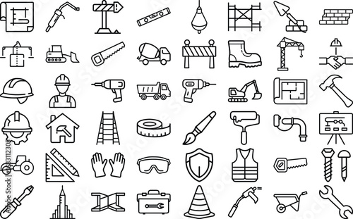 Collection of Construction and Building Tools and Equipment Icons blueprint welding